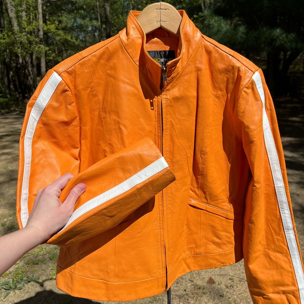 Y2K Metro Style Neon Orange Racing 100% Genuine Leather Jacket Women’s Size L - Picture 11 of 16